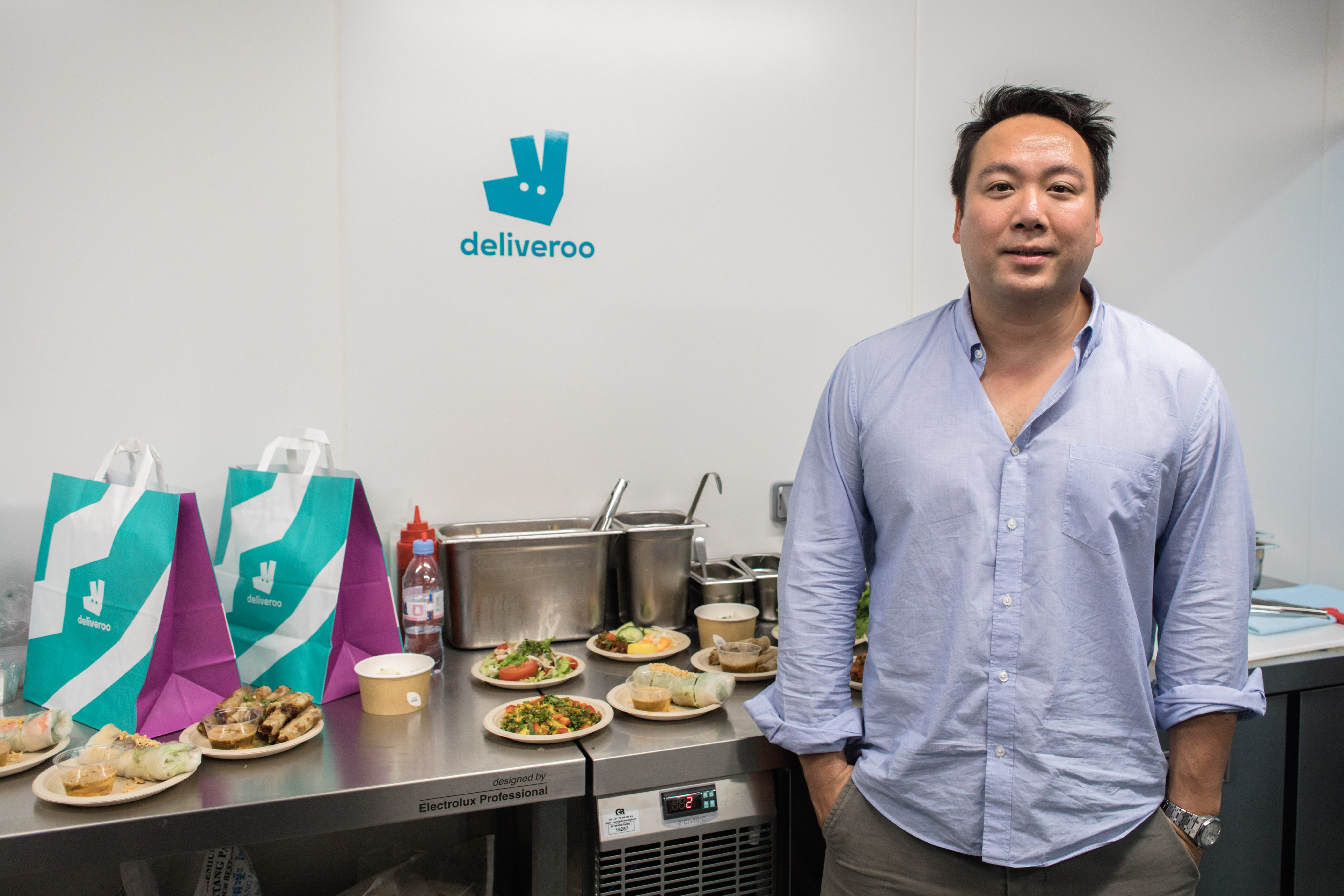 Will Shu, Deliveroo CEO, in a Deliveroo kitchen.