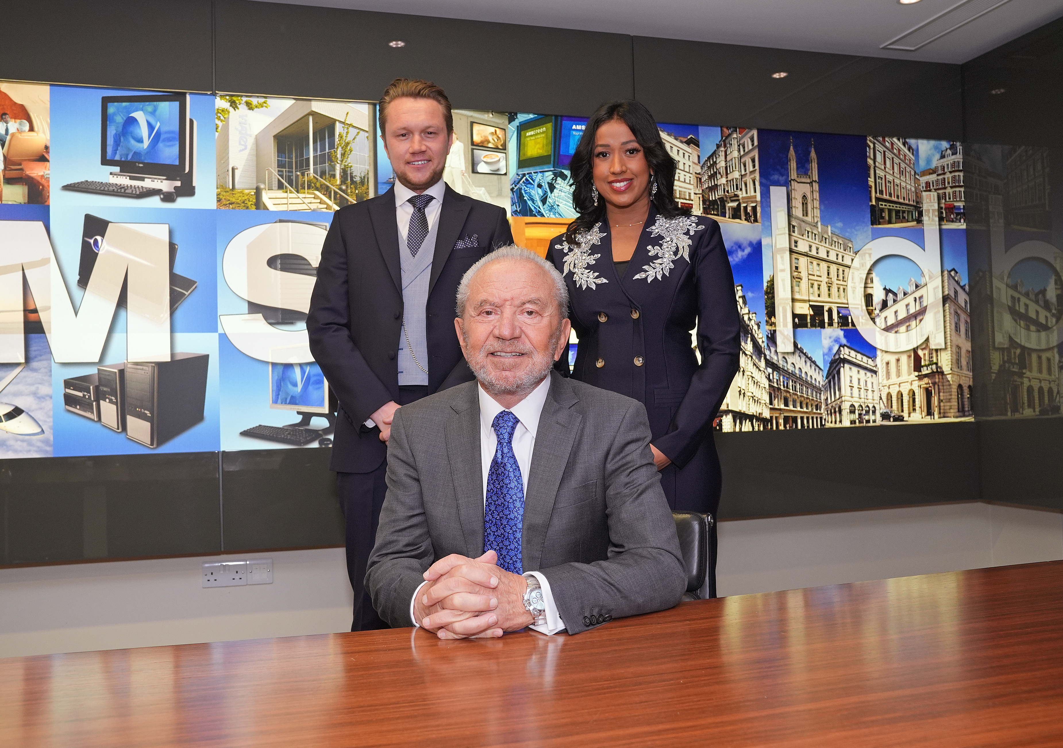 Lord Sugar with the two finalists of The Apprentice.